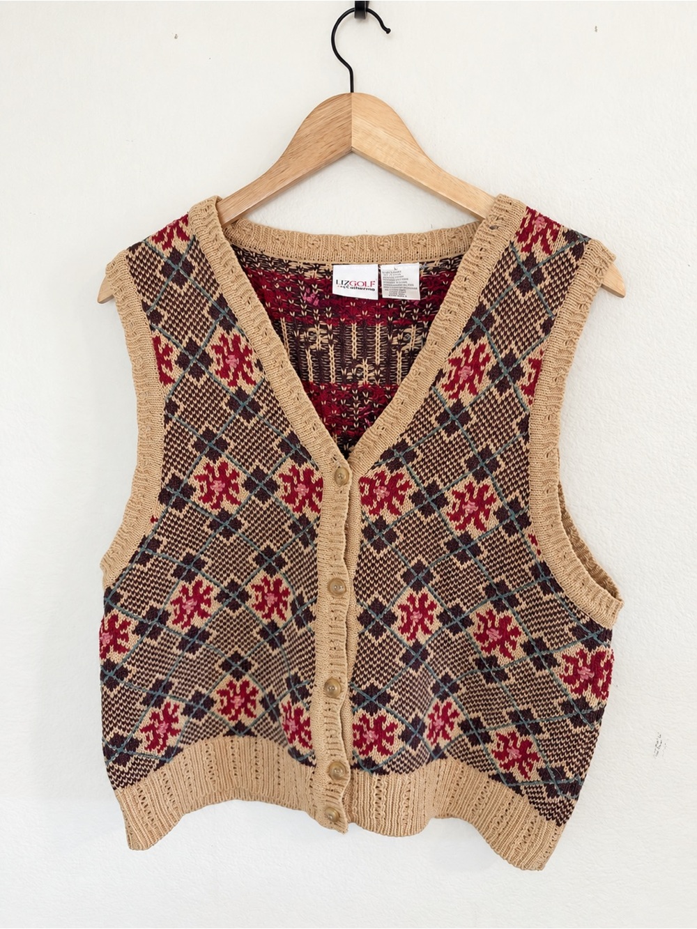 LizGolf Liz Claiborne Vintage Cotton Knit Button-Front Argyle Sweater Vest Large